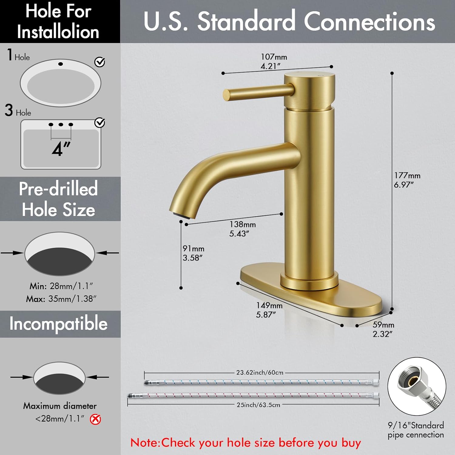 Gold Bathroom Faucet, WINKEAR Single Hole Bathroom Faucet with Pop-up Drain and Flexible Hoses, Single Handle for Sink, Vanity, RV, Modern Farmhouse, Suitable for 1 Hole or 3 Hole - Image 6