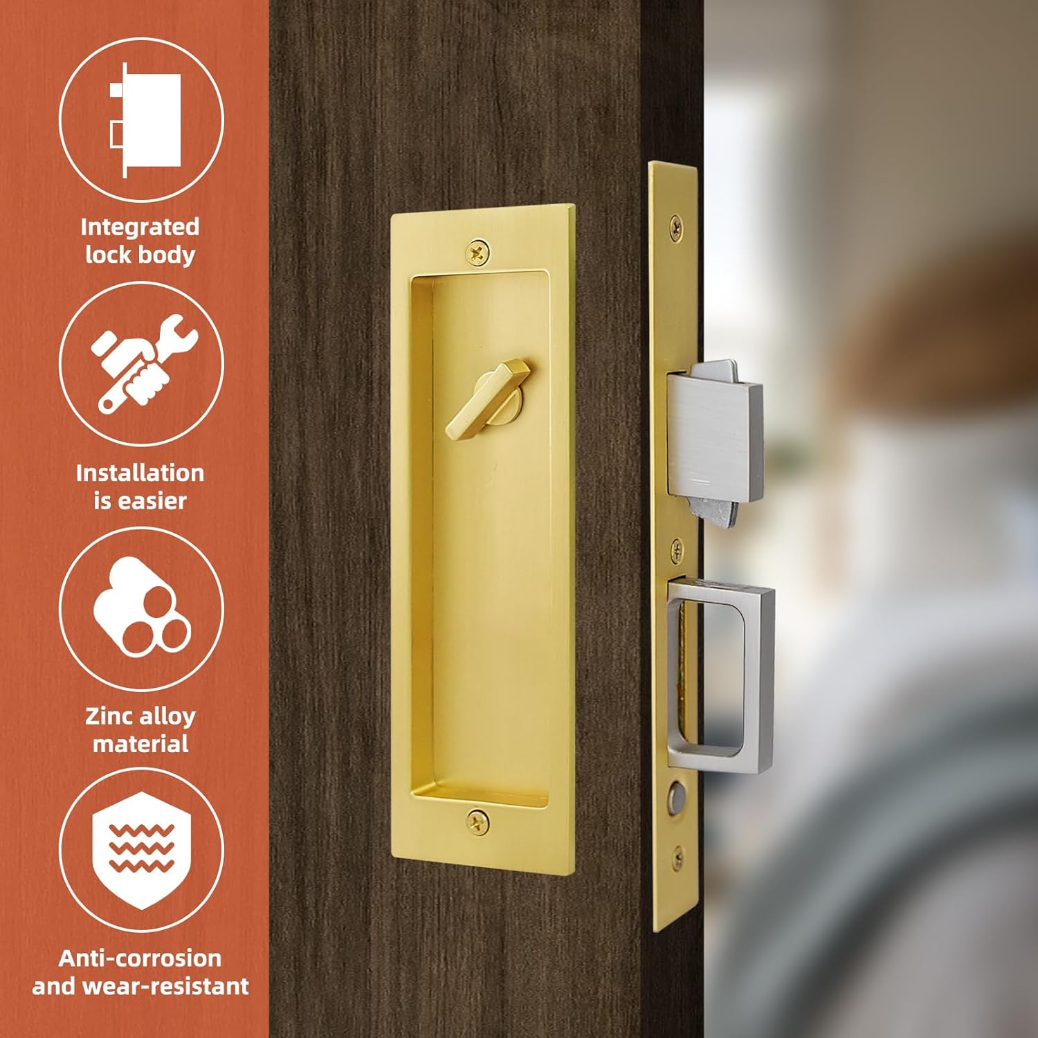 Privacy Pocket Door Lock Hardware, Rectangular Sliding Pocket Door Lock and Pulls, Hidden Pop-Up Edge Pull, Zinc Alloy (Gold, No Key)