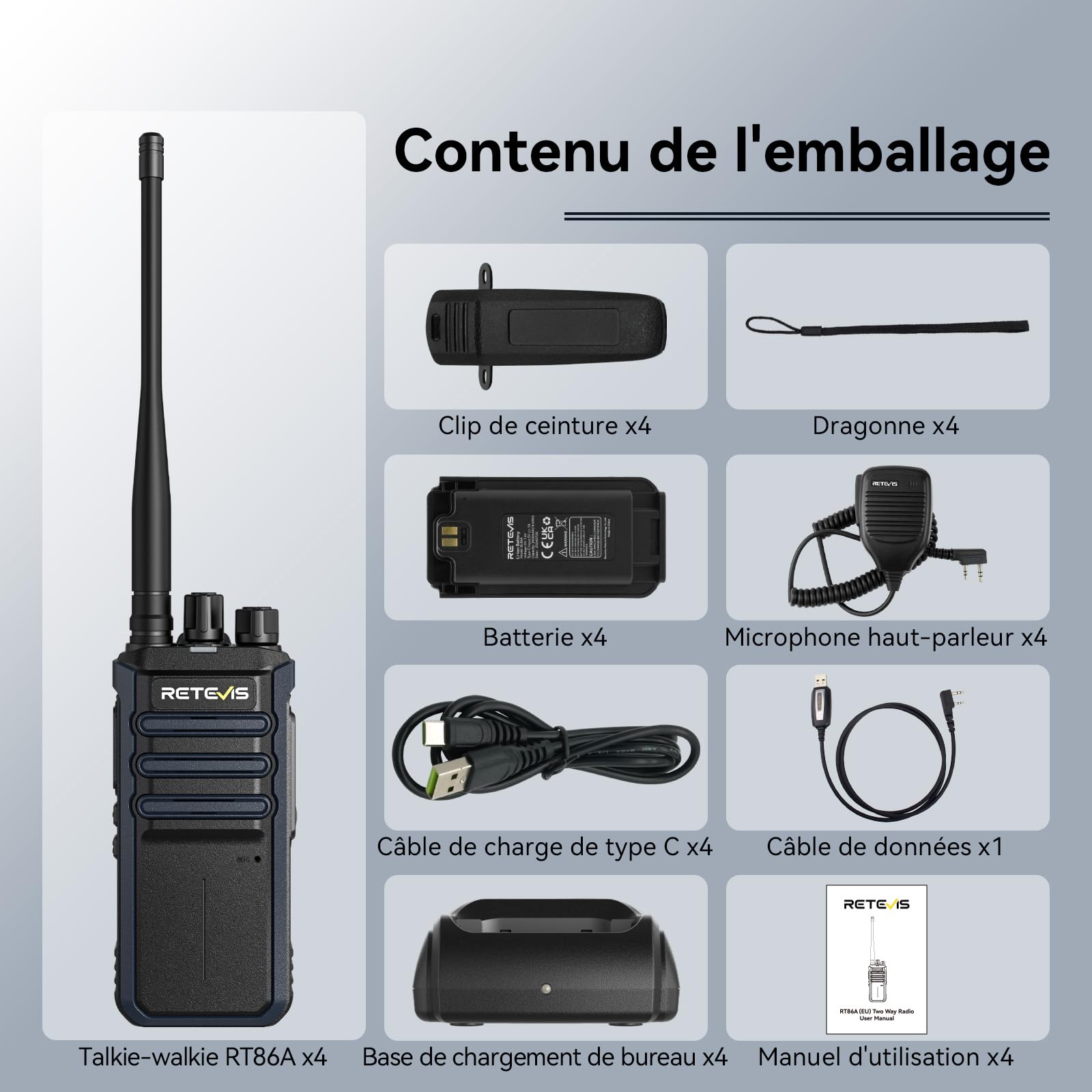 Retevis RT86A Radios Bidirectionnelles Longue Portée, Talkie Walkie Professionnel, 2500mAh, Talkie Walkie Rechargeable pour Chantiers et Transport (4Pcs)