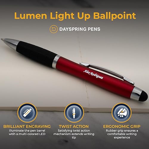 Vista 4 de Dayspring Pens Bolígrafo personalizado Bolígrafo con luz de luz roja. Un regalo personalizado con grabado que se ilumina. Lápiz capacitivo de clic