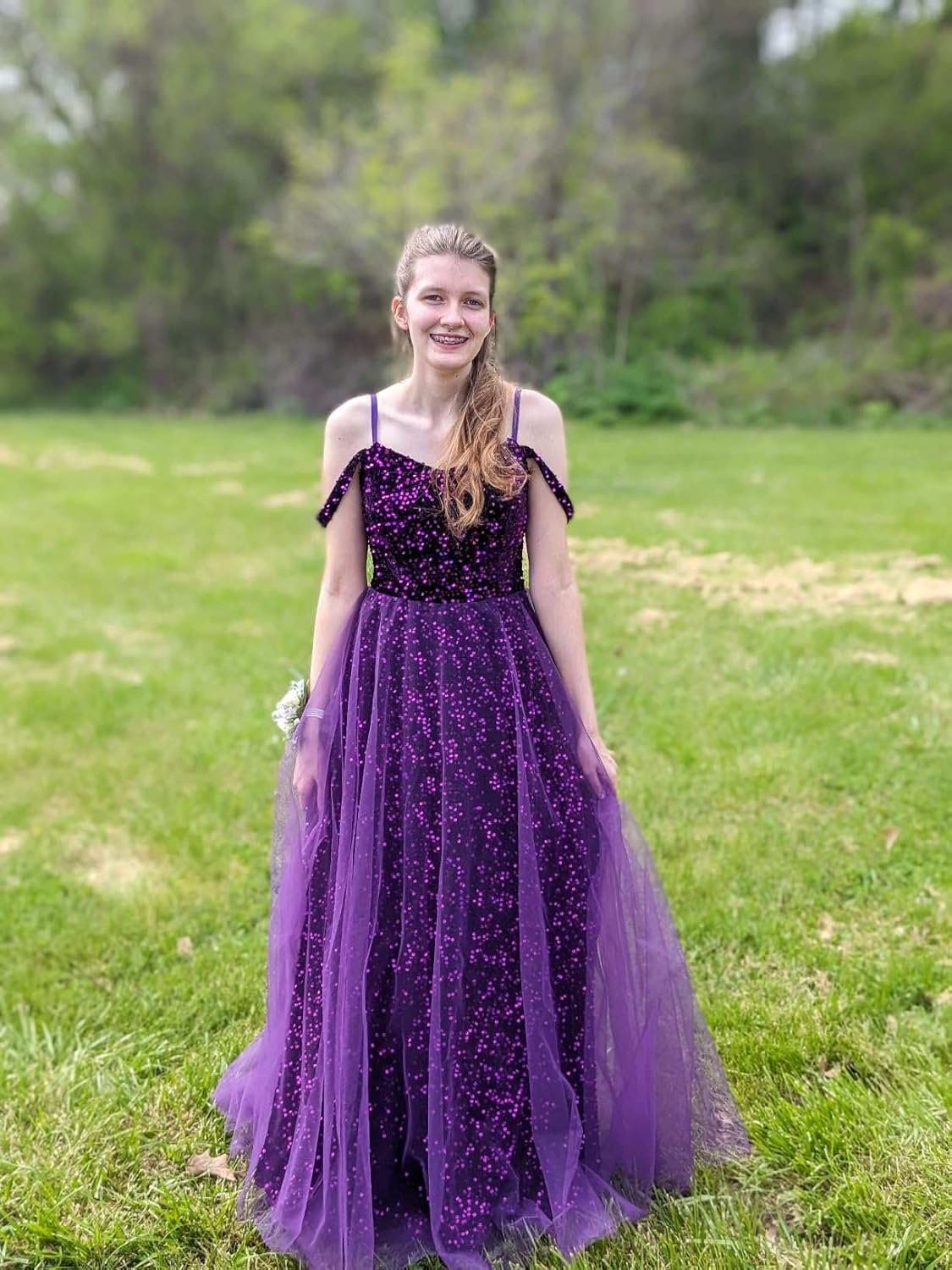 Cold Shoulder Sequin Prom Dresses Sparkly Glitter Tulle Long Ball Gowns for Women Formal