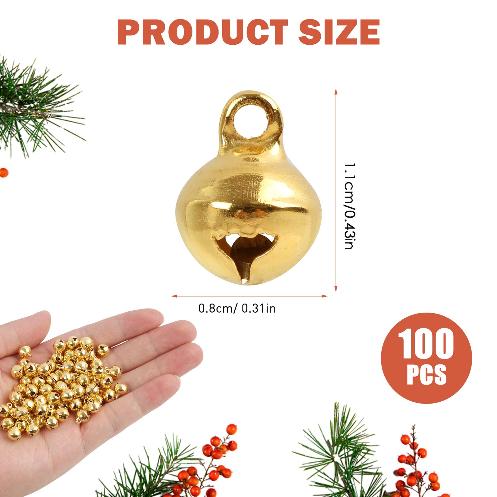 Cascabeles de Cobre Dorado 100 Piezas 11x8 mm con Enganche 2 mm para Decoración Navideña y Manualidades