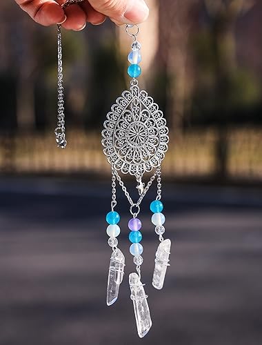 Miniatura 7 de Nosadi Dije de espejo retrovisor hecho a mano con diseño de arco iris, fluorita, cuarzo, mandala, decoración para colgar en la pared, decoración de