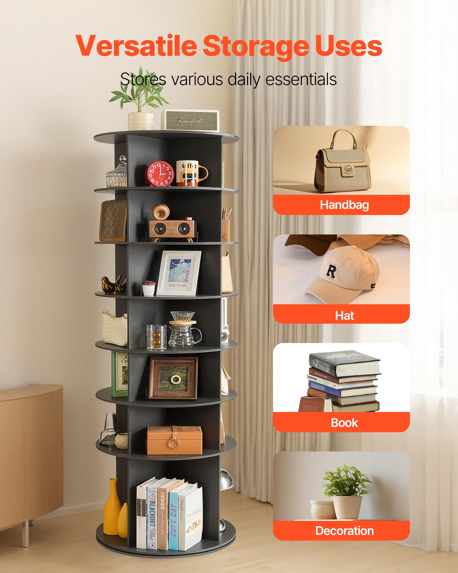 VEVOR Carosello Portascarpe Supporto Girevole a 360° con 598 x 598 x 1805 mm per 28 Paia di Scarpe 7 Ripiani, Salvaspazio, Scaffale per Scarpe per Camera da Letto, Soggiorno, Ingresso, Nero