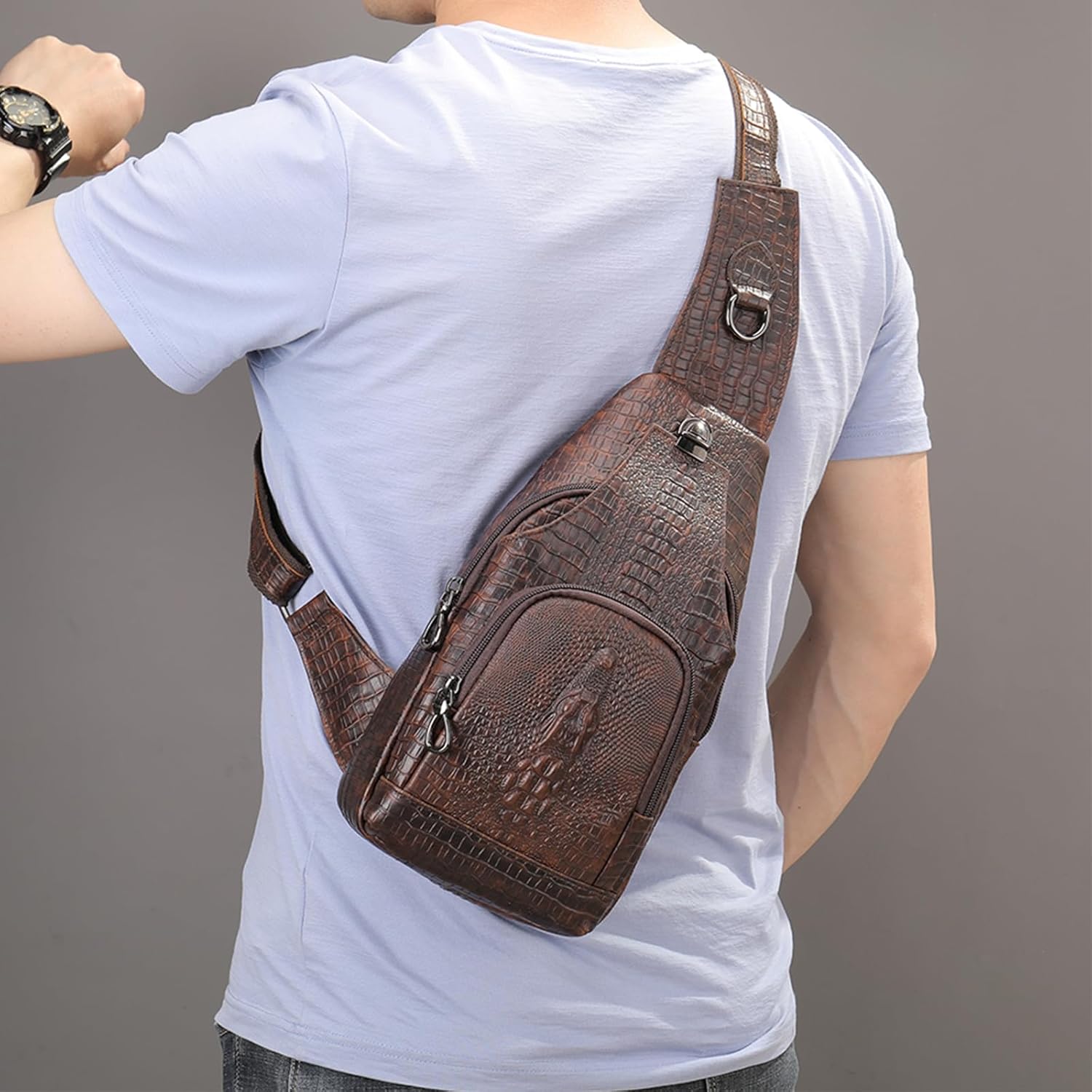 NIUCUNZH Crocodile Leather Sling Bag with Leather Strap, 3 Zipper Crossbody Shoulder Bags for Travel Hike Everyday Carry