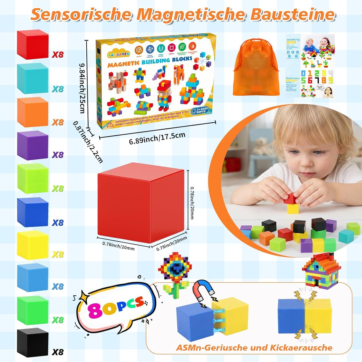 Magnetyczne klocki konstrukcyjne, opakowanie 80 magnetycznych klocków konstrukcyjnych