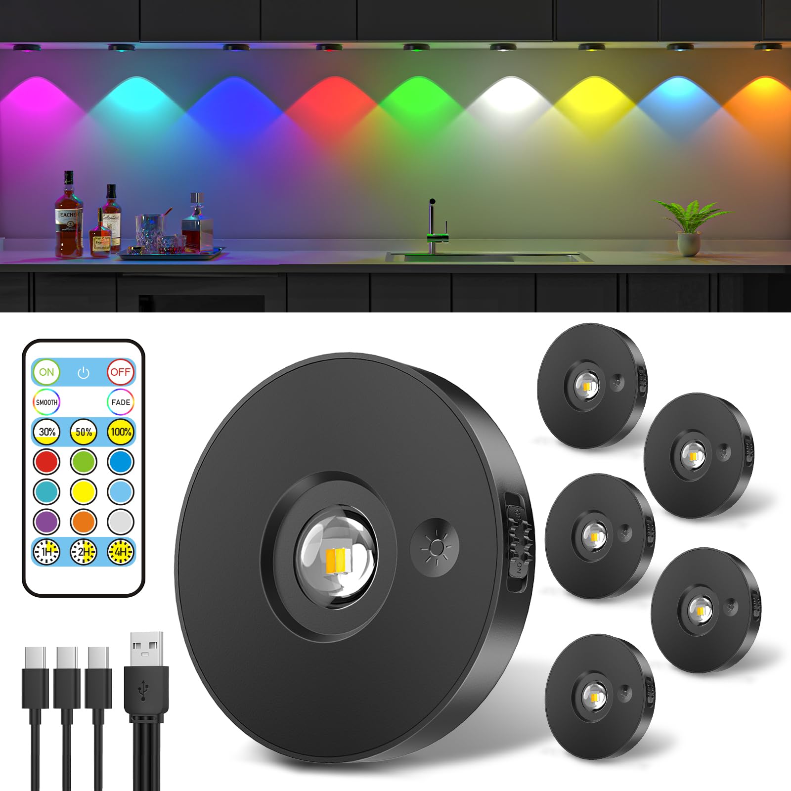 Schrankbeleuchtung USB Aufladbare RGB Katzenaugen LED Spot Akku mit Fernbedienung - 9 Farben, Dimmbar, Magnetisch, Timer, LED Unterbauleuchte Vitrinenbeleuchtung Regal Beleuchtung (6er Pack)