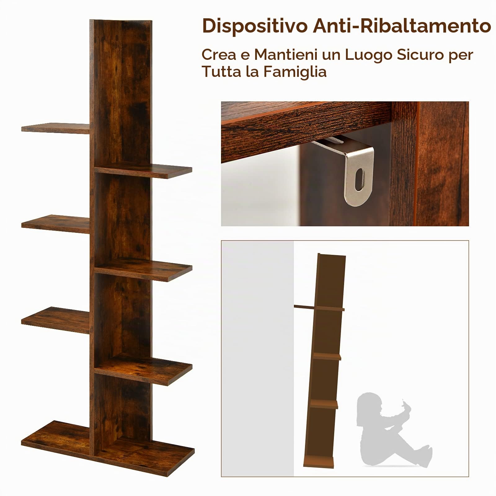 HOMASIS Libreria Verticale a Colonna da Terra a 7 Livelli, Libreria ad Albero in Legno, Angoliera Libreria Scaffale per Salotto, Soggiorno, Ufficio, Portata di 40 kg, 50 x 20 x 141 cm (Marrone)