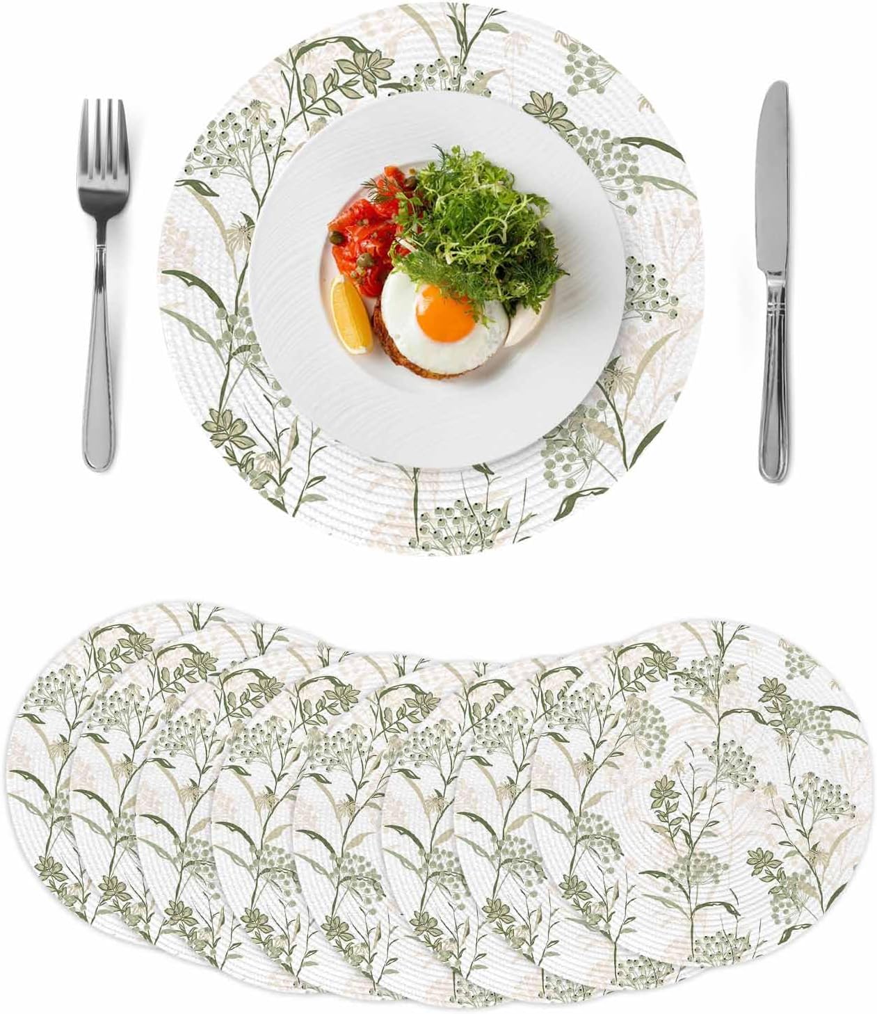 Round Placemats Set of 8 Spring Floral Place Mats Washable Woven Placemat Sage Green Berry Fruit Leaves Plant Circle Braided Heat Resistant Table Mat for Kitchen Dining Table Party Decor 15 Inch