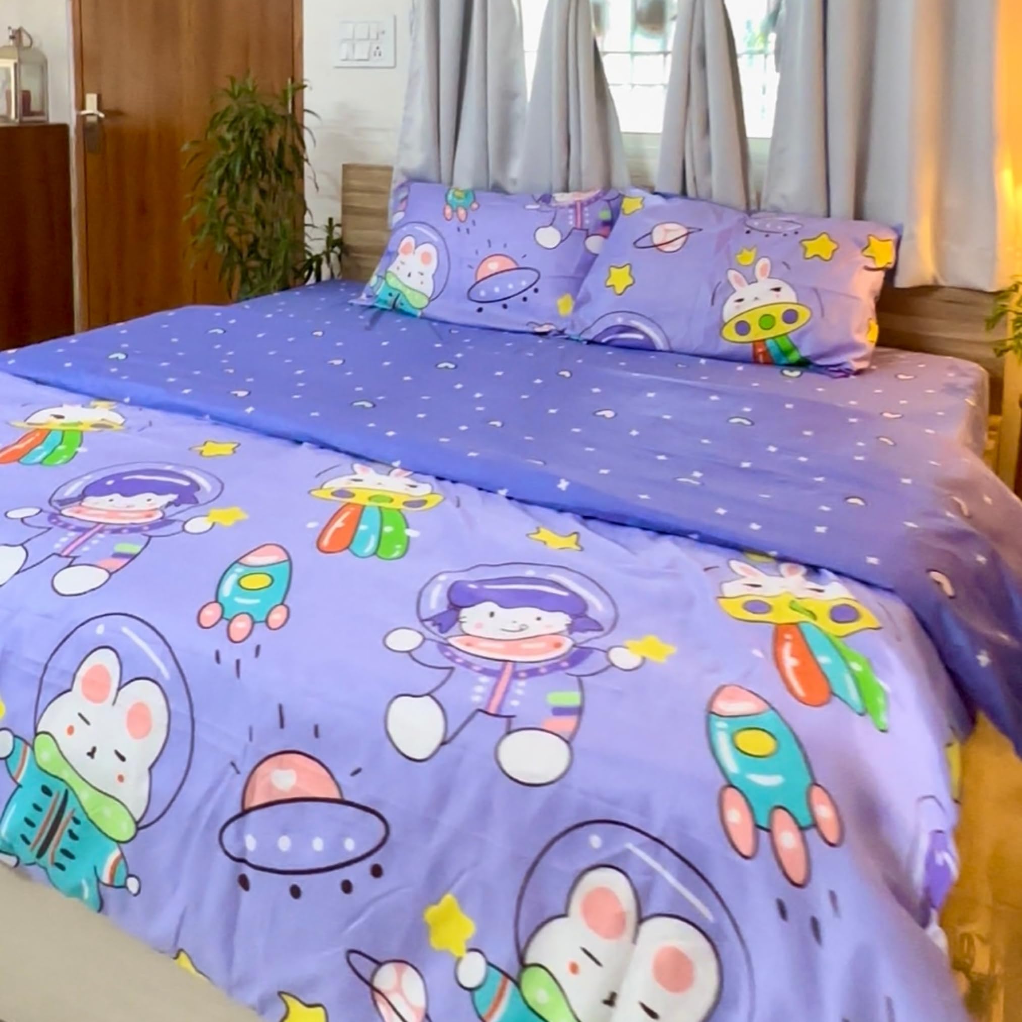 Famyo® King-Size Bedding Set (4pc) – 250 TC Fitted Bedsheet 72x78 in, 2 Pillow Covers, Comforter Cover (Astronaut Design, Purple) 4