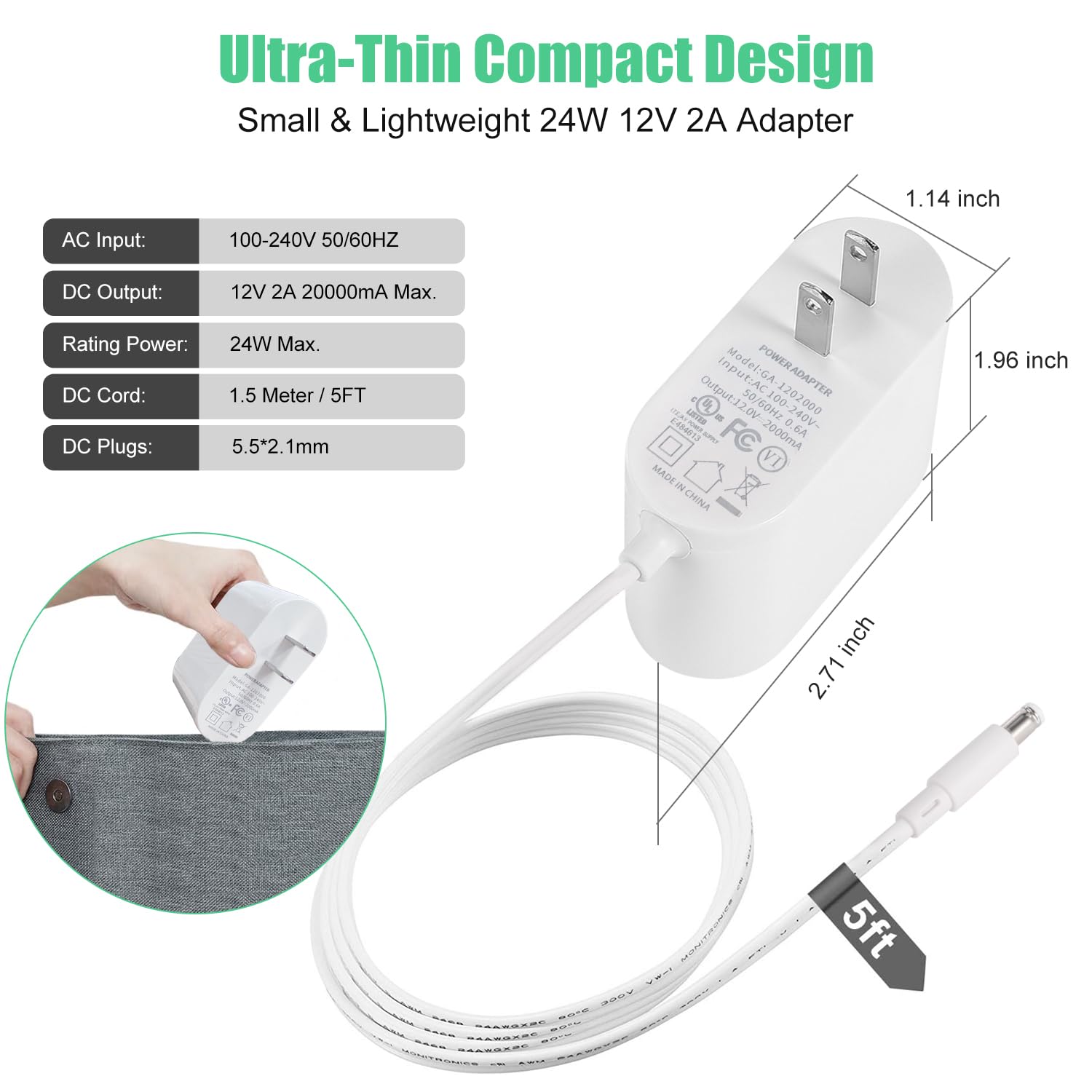 Wefomey 12V 2A Power Supply Adapter, UL-Listed, 120V AC to 12V DC Adapter Transformer, 12 Volt 2 Amp 24W Wall Charger for LED Strip Lights, Security Camera, 5.5x2.1mm US Plug