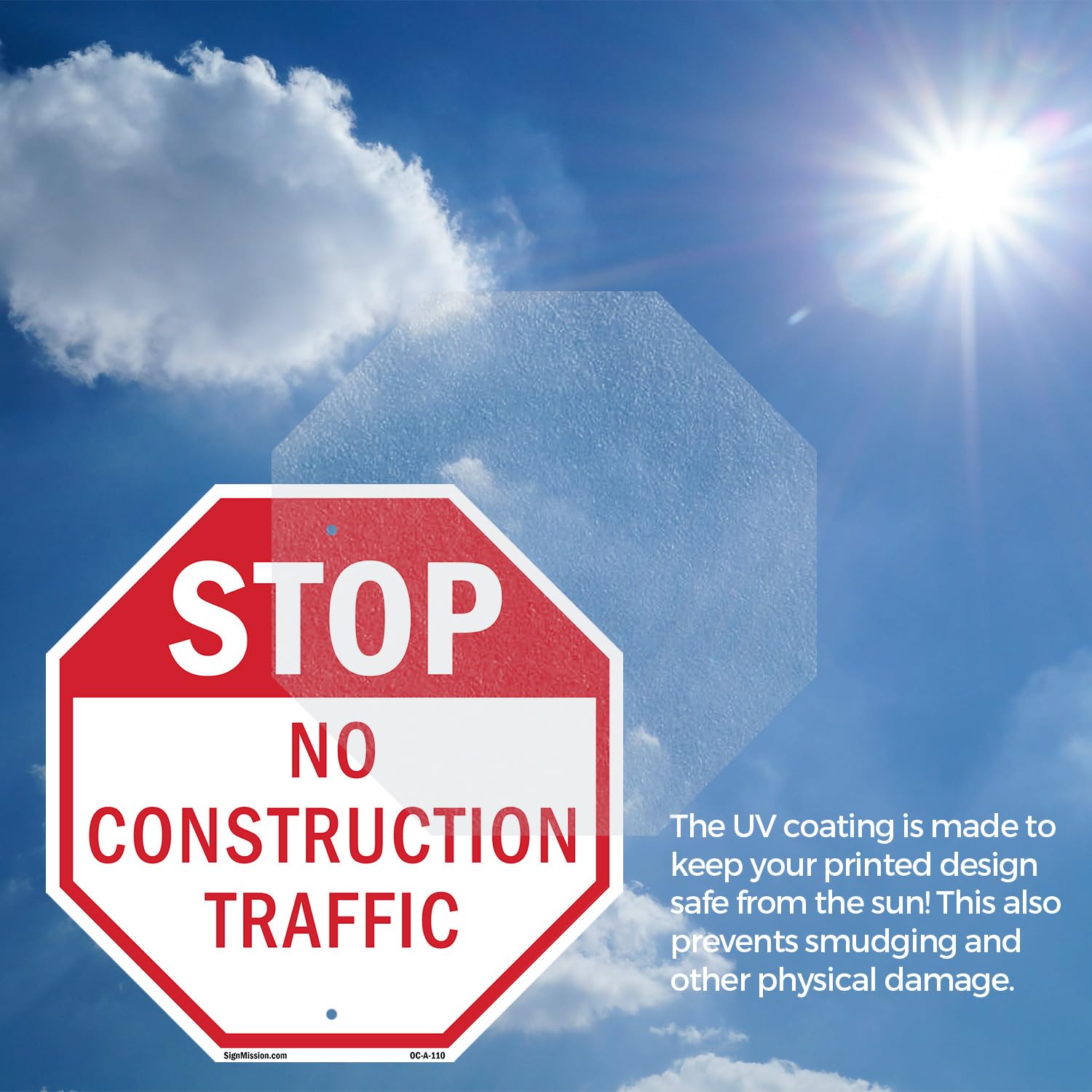 Stop No Construction Traffic Panneau octogonal en plastique résistant aux intempéries et aux UV pour lieu de travail, propriété privée et chantier de construction, fabriqué aux États-Unis 45,7 x 45,7