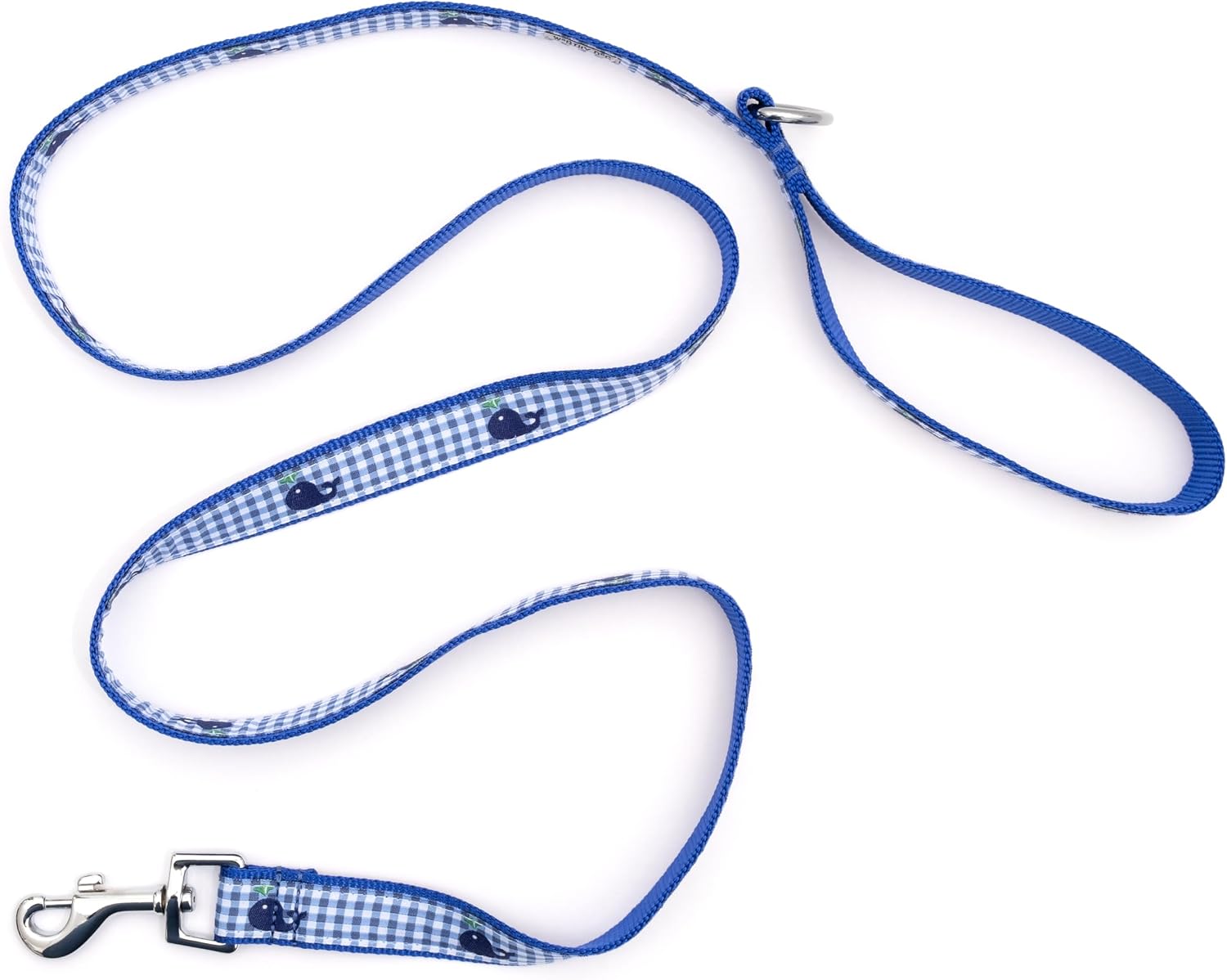 THE WORTHY DOG 5 FT Nylon Dog Leash for Dogs, Metal Quick Clip - Gingham Whale Pattern, Dark Blue, Large