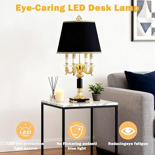 Miniatura 4 de Radiya Lámpara de mesa de cristal de lujo europea, Poste de lámpara de cristal, Pantalla de tela de seda negra, Retro sala de estar dormitorio