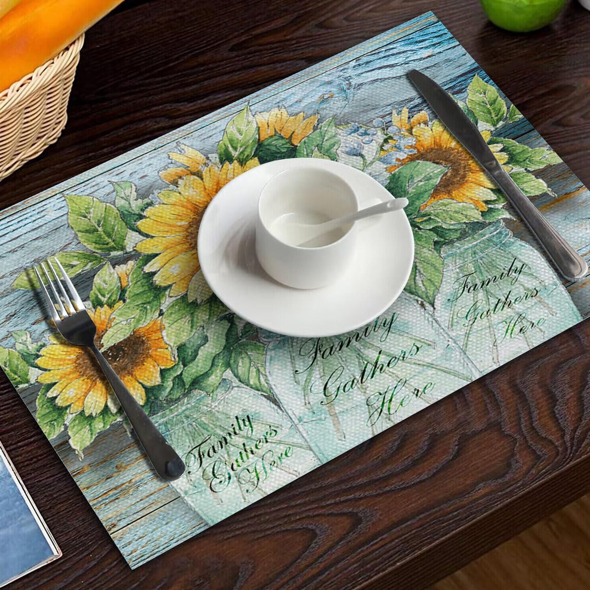 Rustic Sunflower Table Runner and Place Mats Set of 6 – Farmhouse Wooden Texture with Blue Floral Design – Washable Linen Dining Mat Set for Kitchen and Home Décor – 90 Inches Long
