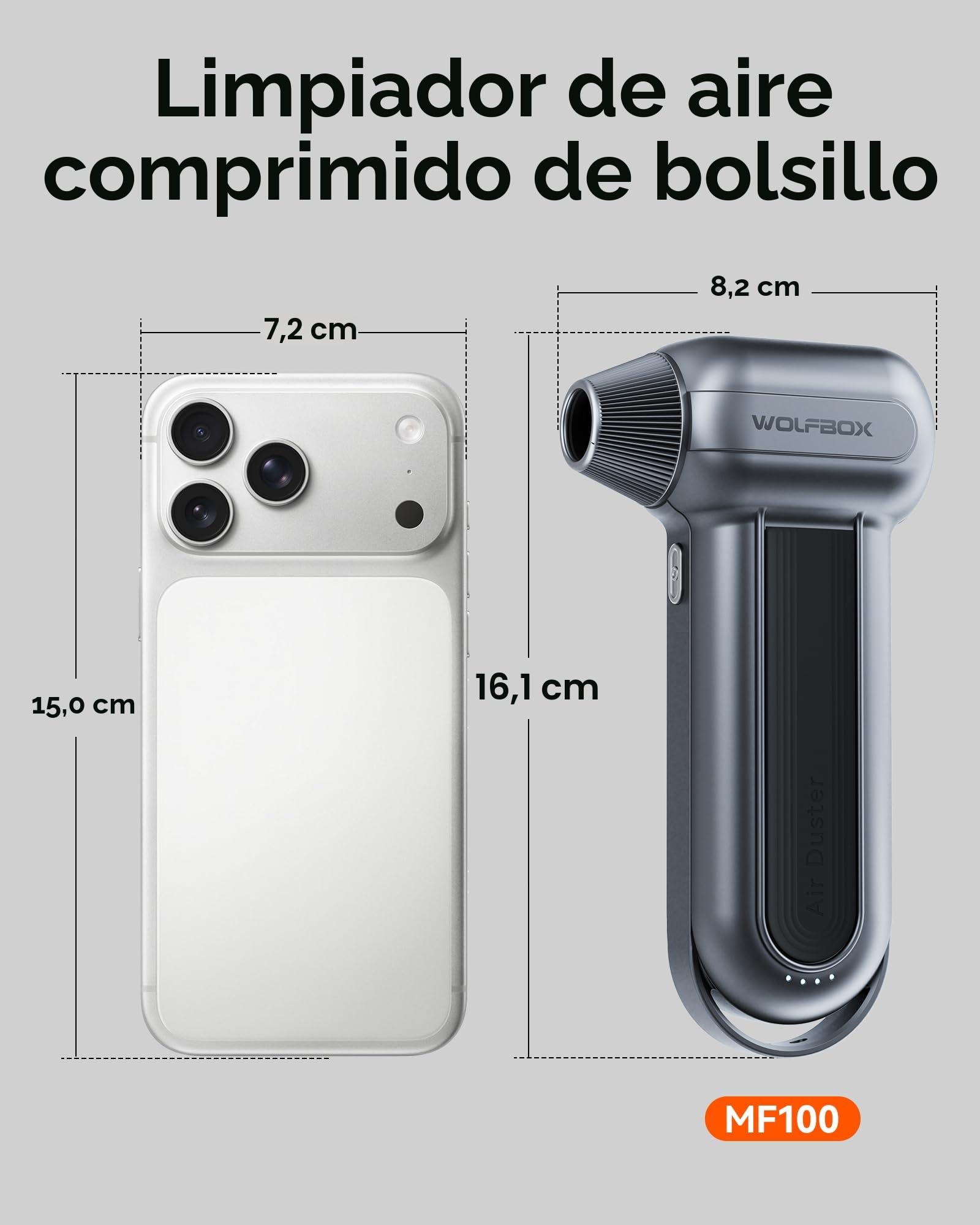 WOLFBOX MF100 plumero eléctrico de aire-150000RPM Super Power inalámbrico plumero de aire, motor sin escobillas recargable, 3-Gear ajustable soplador de polvo para el ordenador, teclado, casa y coche