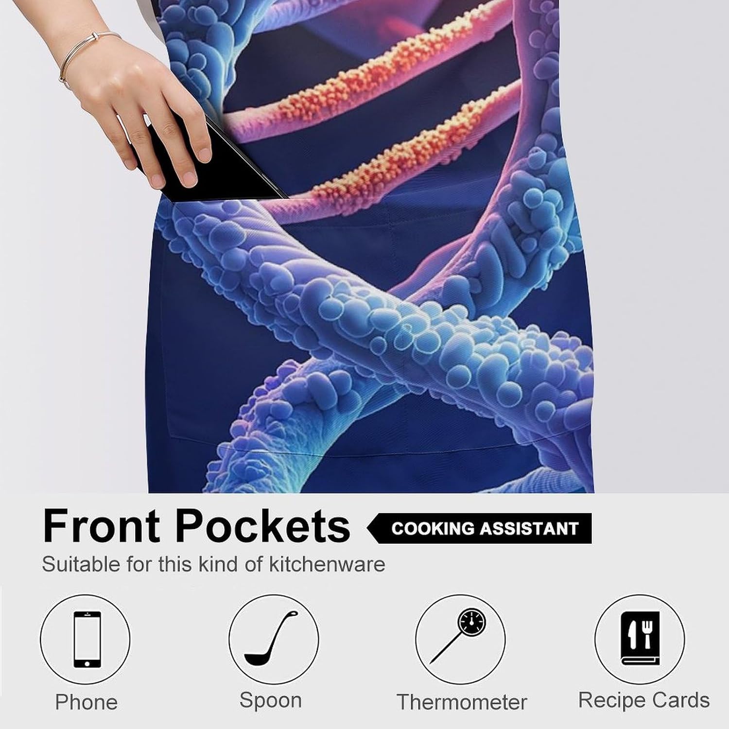 DNA Genetic Helix Apron for Cooking Kitchen Chef Aprons with Pockets Unisex Professional Adjustable Bib Aprons Restaurant Waterdrop Resistant Apron for Men Women Waiter