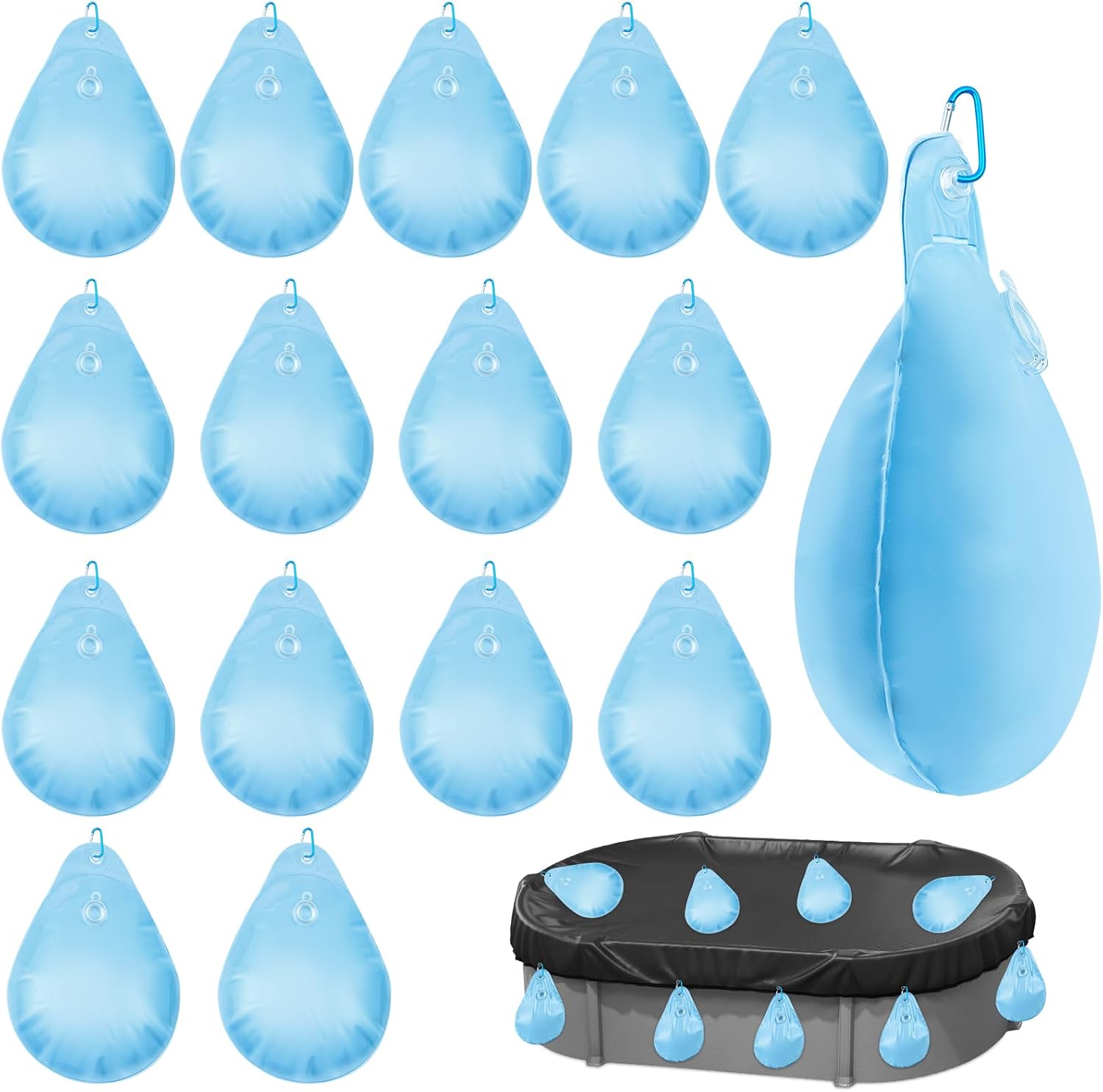 16 PCS Pool Cover Weights Water Bag Winter Antifreezing Heavy Duty Pool Cover Hanging Weights Pillow Thick PVC Windproof Tarp Water Bags with Hook for Outdoor Above Ground Swimming Pool Closing Kit