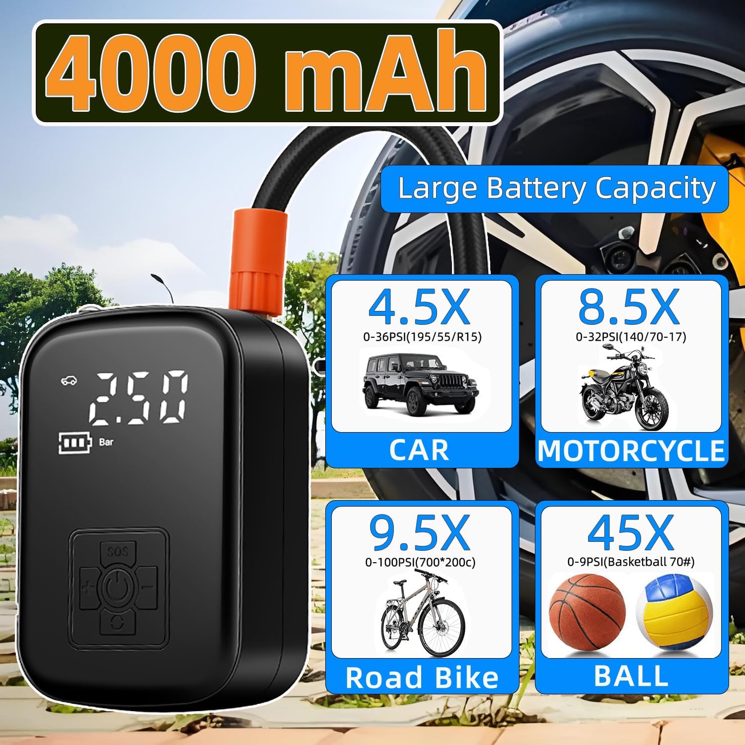Tire Inflator Portable Air Compressor for Car, 150 PSI Cordless Mini Bike Tire Pump, Air Pump for Auto, Motorcycle, Bicycle, Balls with Pressure Gauge LED Light - Image 9