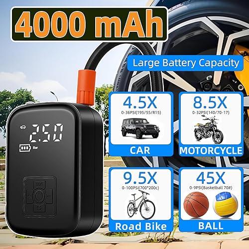 Miniatura 9 de Tire Inflator Portable Air Compressor for Car, Ball Basketball Pump for Sports Balls Auto for Car Tires Bicycle w Gauge Values Display, 150PSI Power