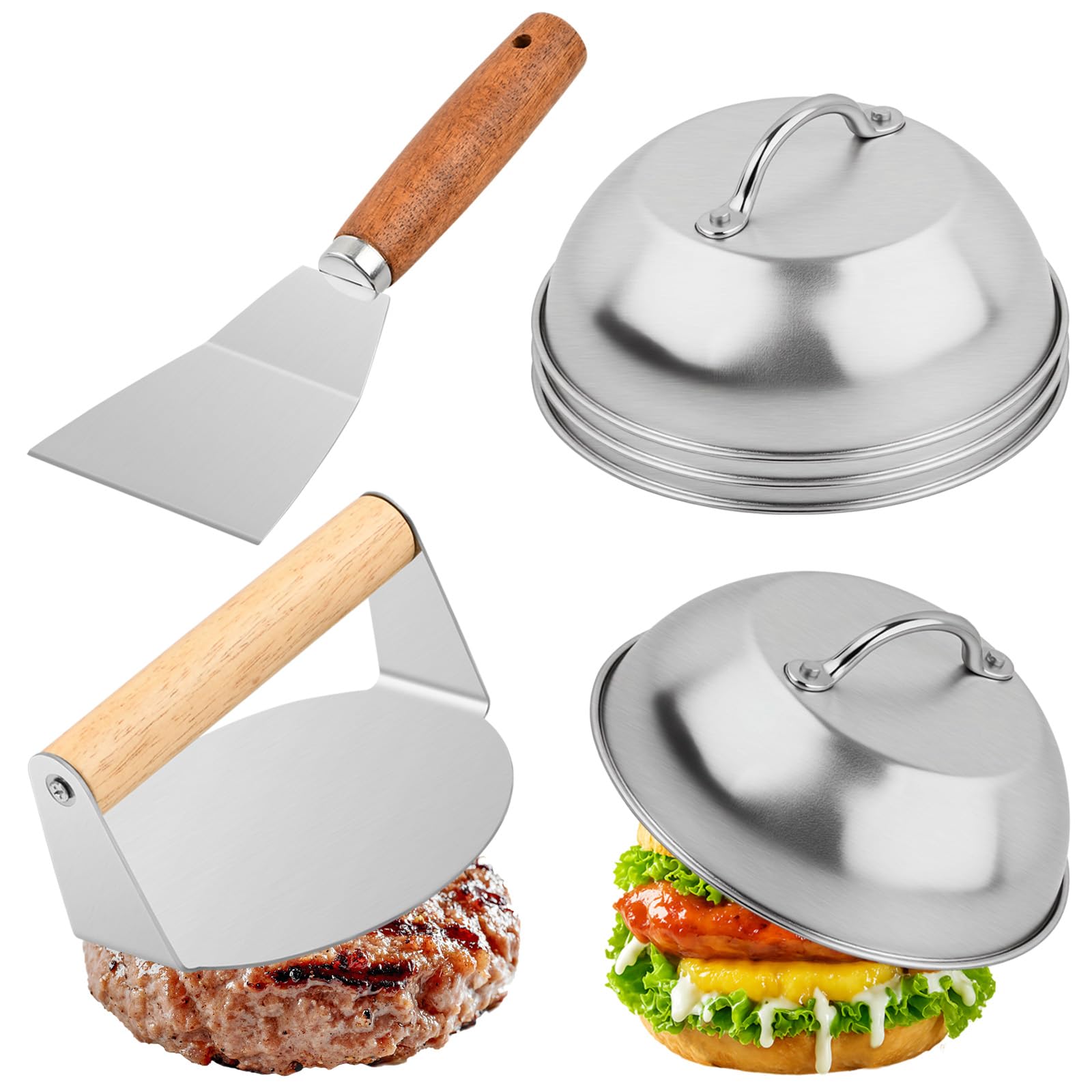 Set de 6 Pièces Smash Burger Press Kit, Acier Inoxydable, Cloche à Hamburger 15x6,5 cm, Presse à Hamburger, Spatule Plancha