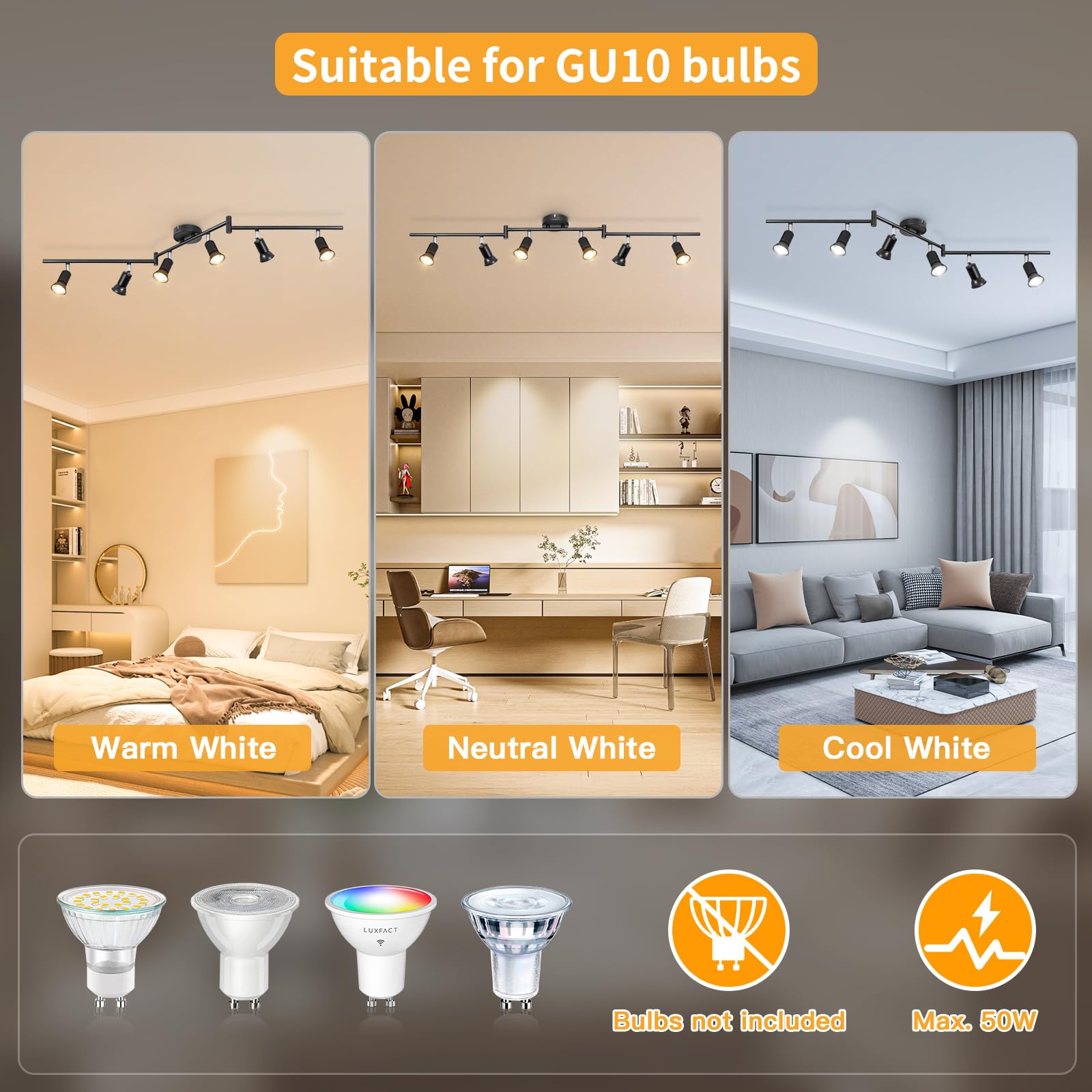 Faretti LED Soffitto GU10 Orientabili in Ferro, Nero, 6 Luci | 350° Orizzontali e 90° Verticali, Max 50W per Lampadina GU10, Senza Lampadina, Ideale per Soggiorno, Cucina e Camera da Letto