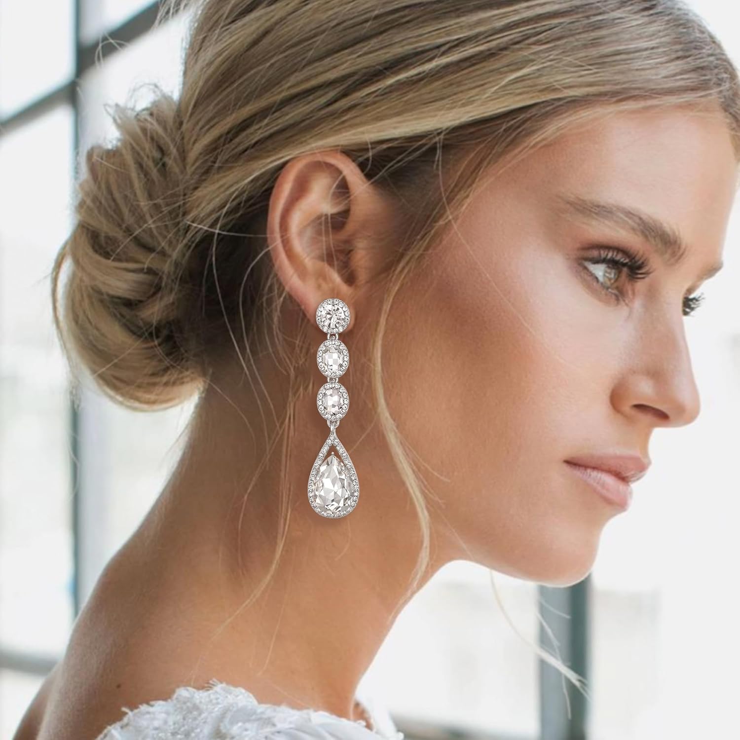 Flyonce Wedding Bridal Rhinestone Crystal Multi Teardrop Pierced Dangle Earrings - Image 2