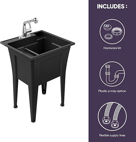 Vista 30 de Fregadero independiente con grifo negro de una manija, fregadero de plástico de 24 pulgadas para garaje, lavandería