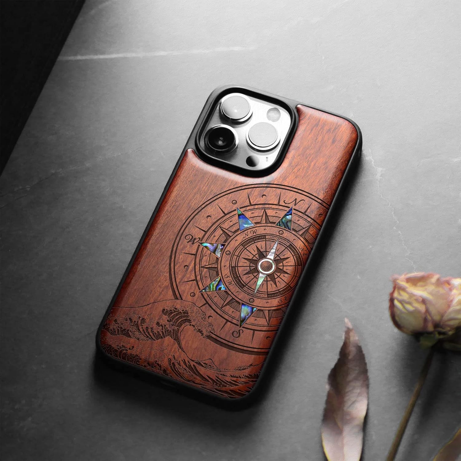 Carveit Designer Wooden Protective Case for iPhone 13 Pro Max Magnetic Cover [Wood Engraving & Shell Inlay] Wood Phone Case Compatible with 13 Pro Max MagSafe (Sea Wave Compass-Rosy)