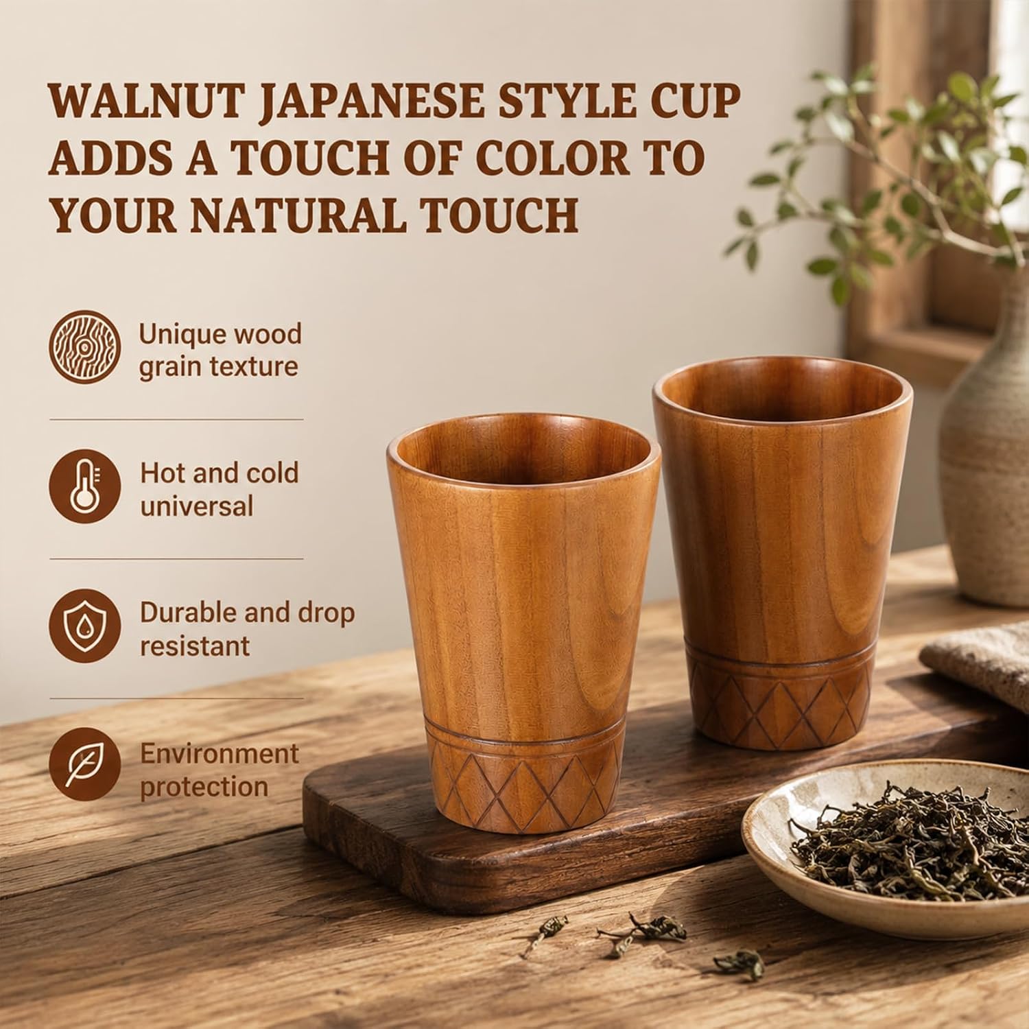2 Pcs Wooden Cups Wooden Coffee Mug 10oz Handmade Natural Wood Drinking Cups for Coffee Tea Hot Drinks, Portable Wood Tumbler for Home Office Outdoor Camping