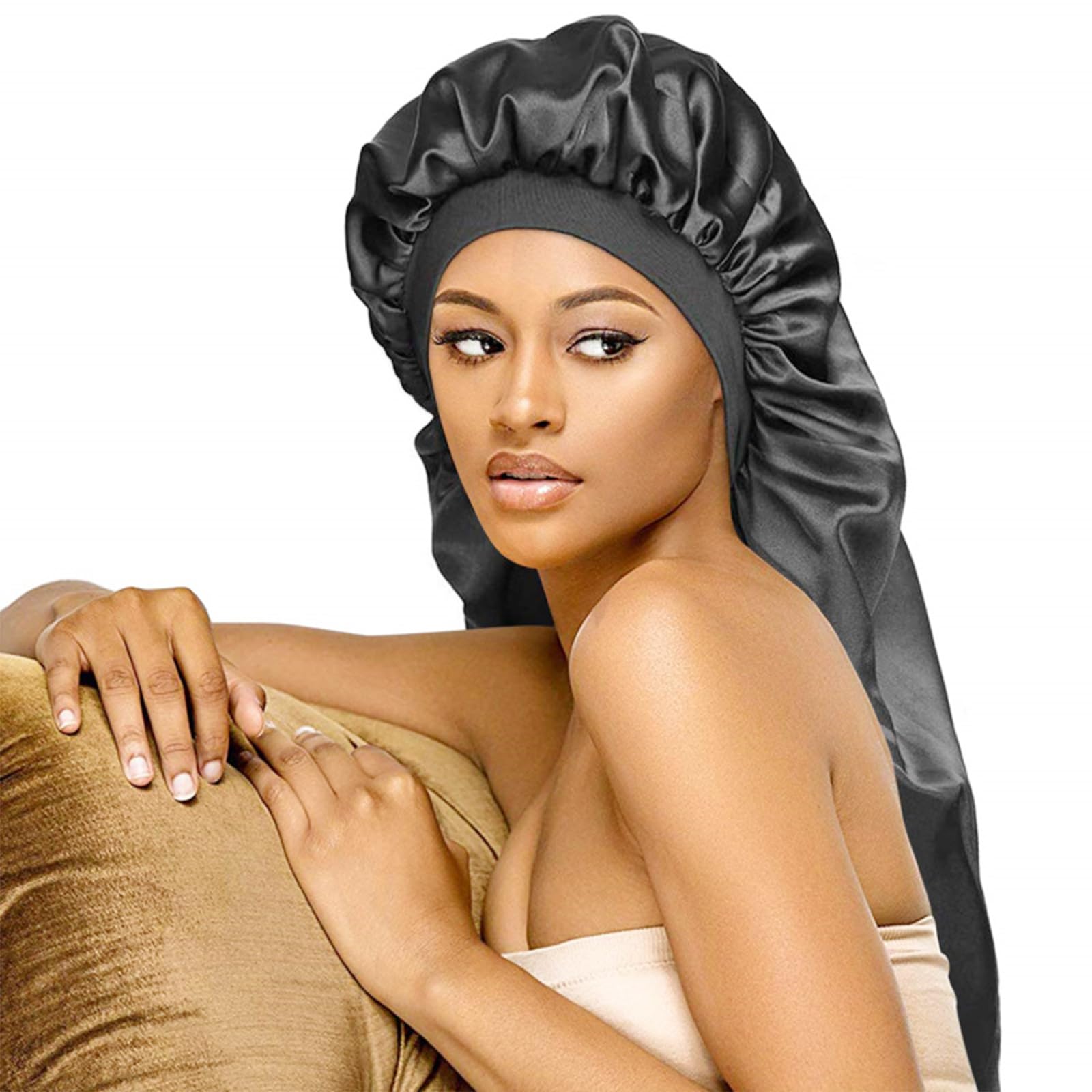 Bonnet de Nuit en Satin Réglable Avec Bande Élastique pour Cheveux Longs Et Bouclés (Noir)