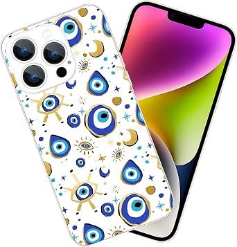 Compatible with iPhone 15 Pro Max Case - Fantasy Blue Gold Evil Eye Phone Case Slim Soft TPU Shockproof Protective Cover Case