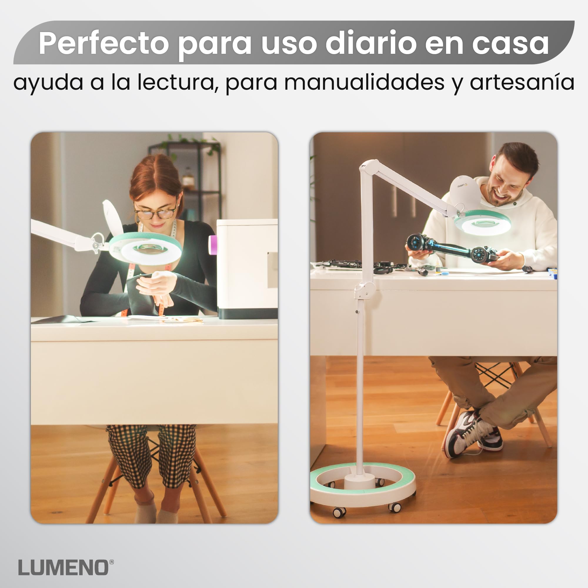 Lumeno Lámpara de aumento LED 7213GN, lente de cristal de 127 mm, lámpara trabajo, lámpara cosmética, adecuada para cosméticos, aficionados, ayuda a la lectura, 3 dioptrías verde con trípode rodante