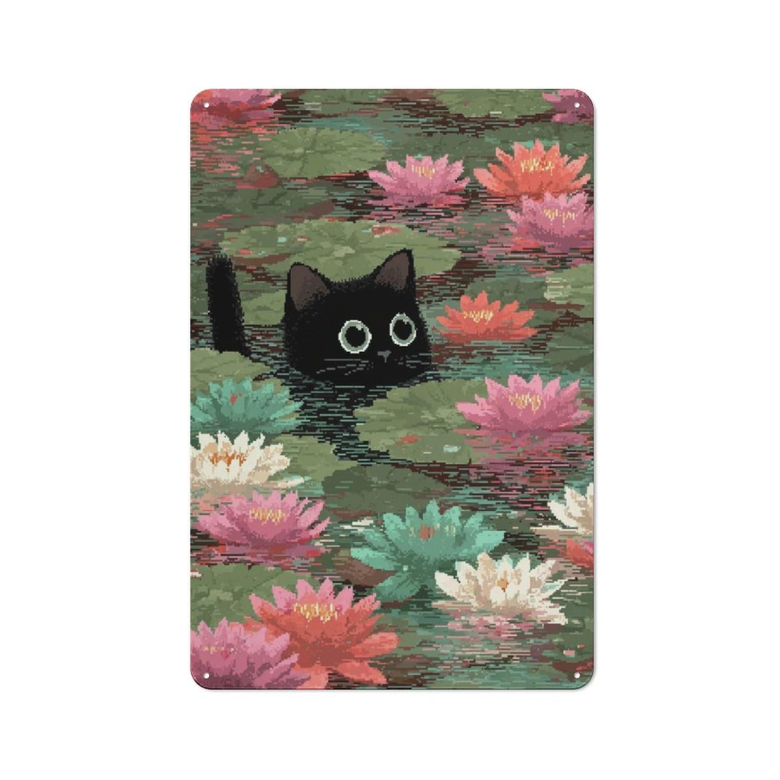 Junmoney Style-3 Casual Black Cat In Lily Pond Pixel Art Shed Metal Sign 30X20cm, Utility Space Decor For Shed, Garden Room, Porch Or Garage