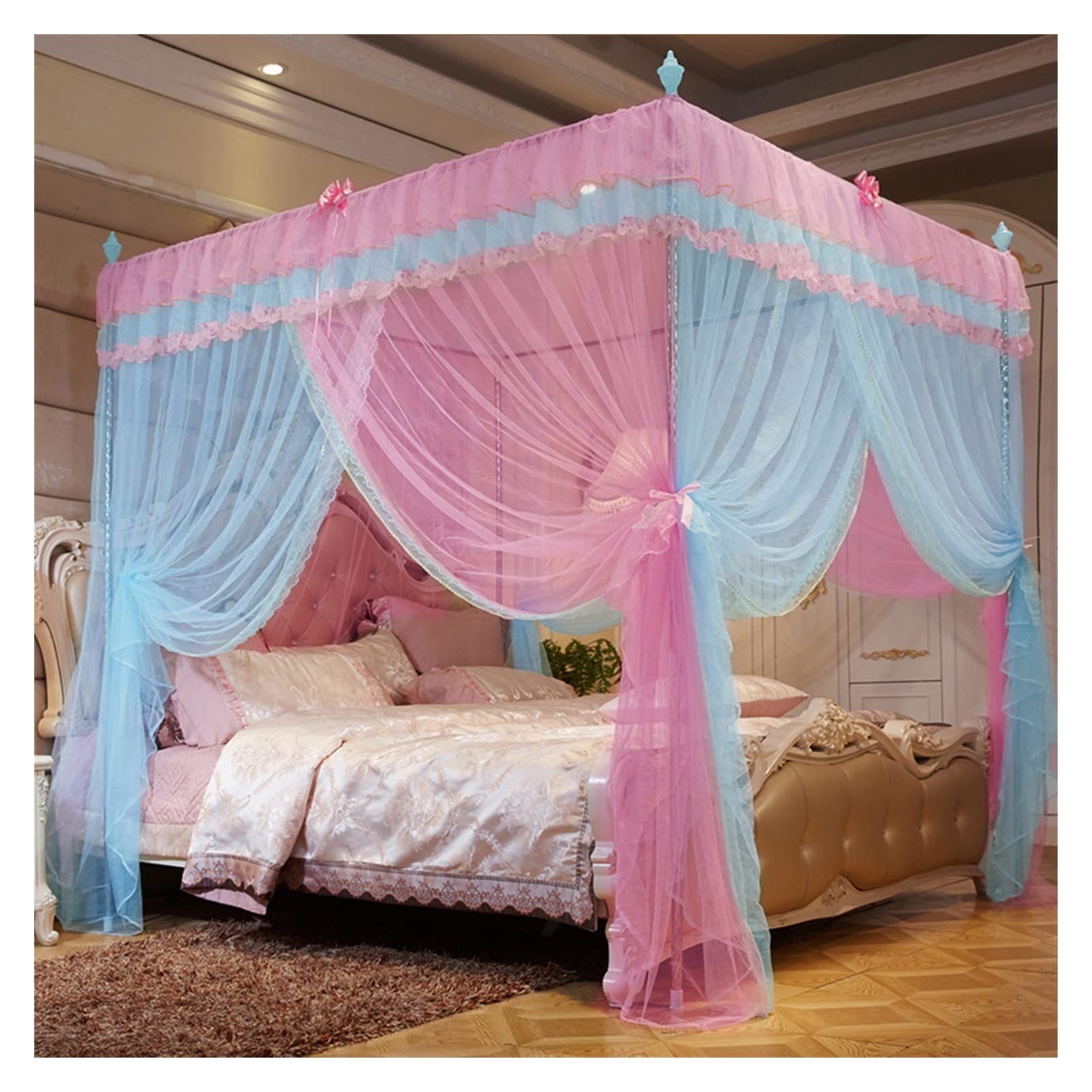 Dosel de cama con mosquitera de encaje y riel guía en U azul-rosa