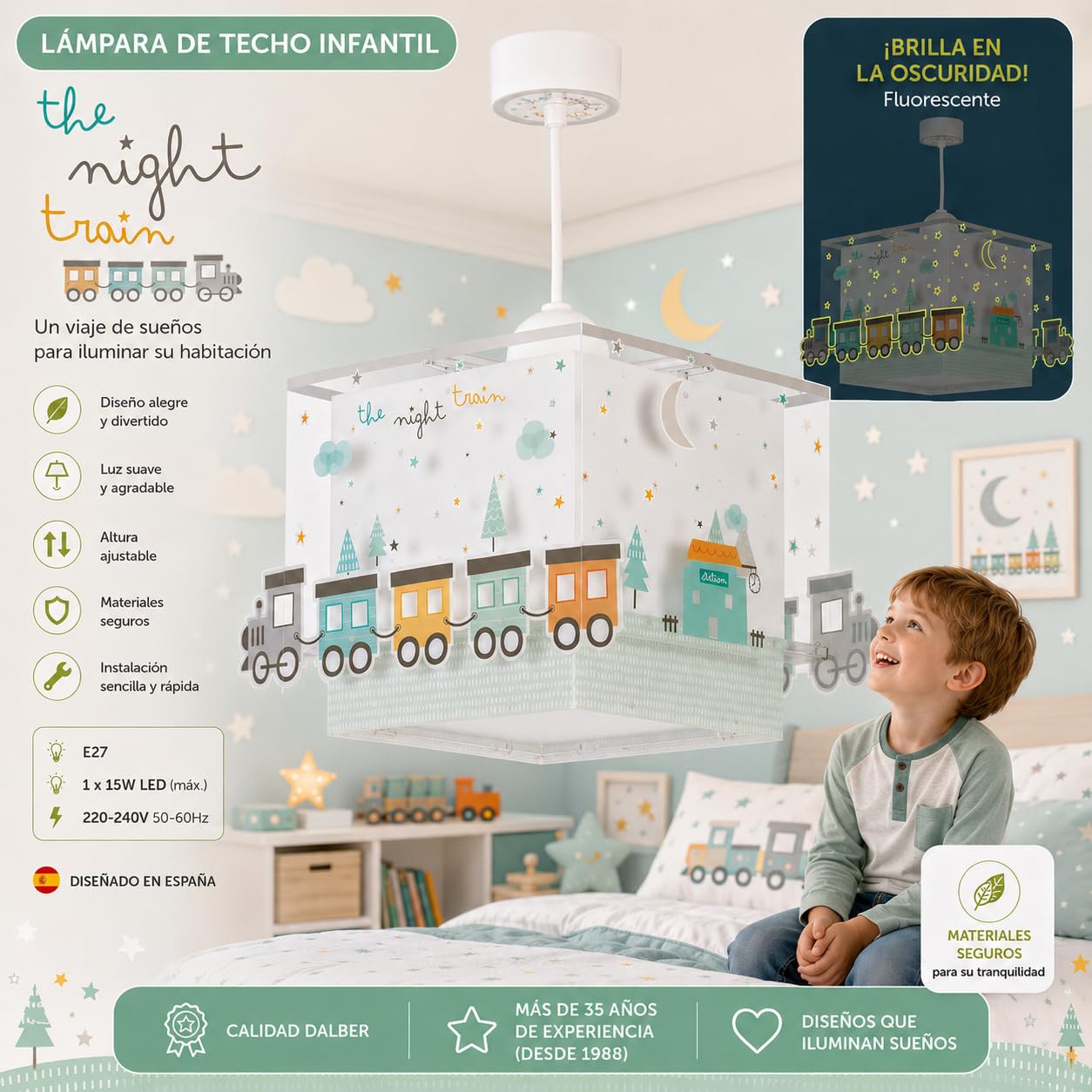 Dalber Lámpara Techo Colgante Infantil Tren Multicolor 63532M E27 | Incluye difusor de luz inferior extraible; Habitación niños; lámparas infantiles; The Night Train