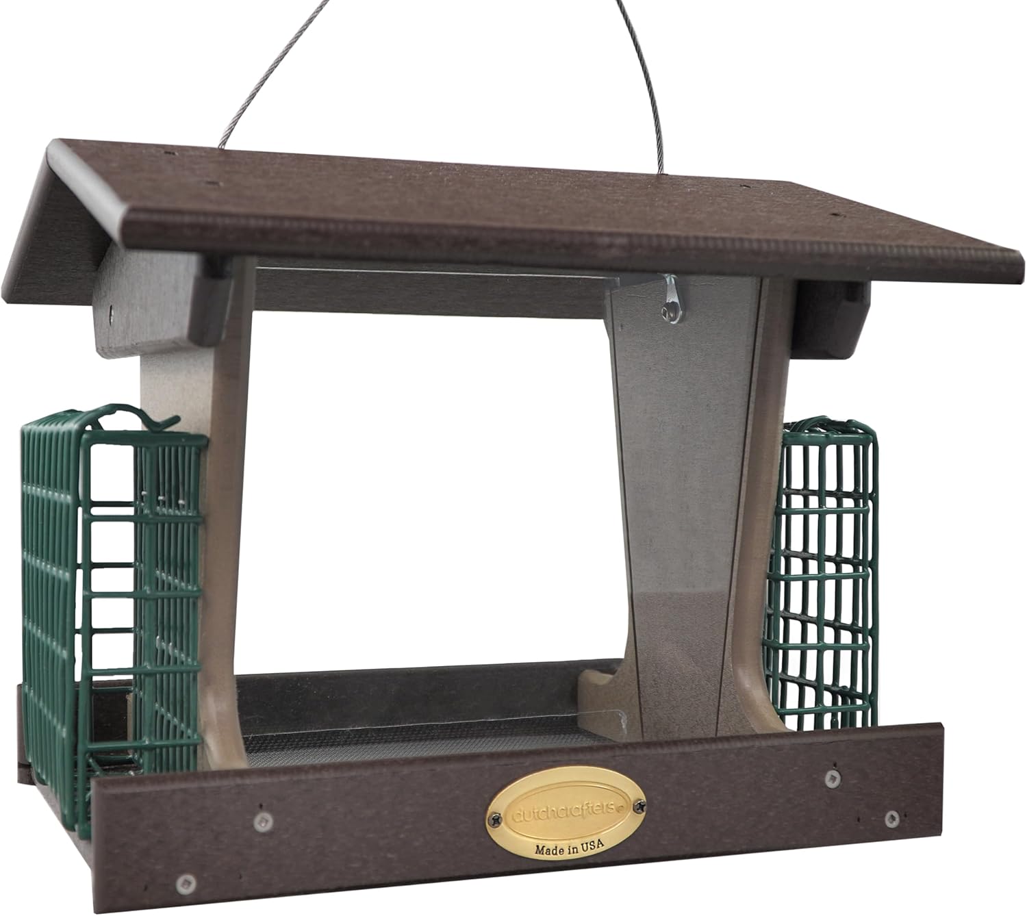 DutchCrafters Poly Hopper Bird Feeder with Suet Holder, Large Bird Feeder for Outdoors Hanging - Amish American Made (Milwaukee Brown & Weatherwood)