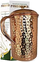 Vista 1 de Half Gallon (2.2 L) Capacity Extra Large Hammered 100% Pure Copper Pitcher Jug Pure Copper Lid with Brass Knob included by American Ayurveda