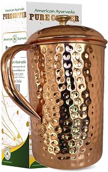 Half Gallon 2.2 L Capacity Extra Large Hammered 100% Pure Copper Pitcher | Jug | Pure Copper Lid with Brass Knob included by American Ayurveda CPR-HMD-12GAL-2.2L-JUG