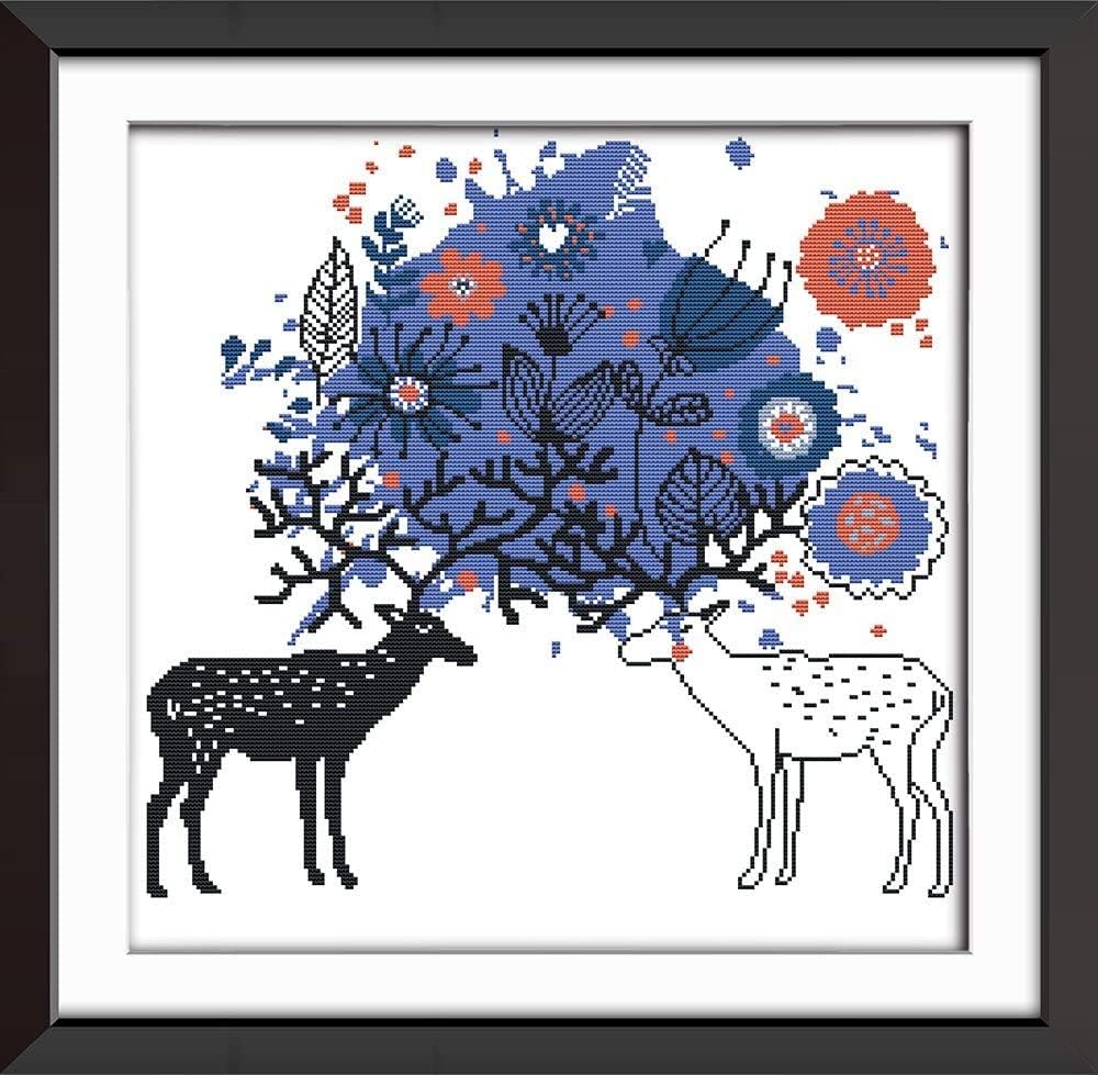 Happy Forever Cross Stitch Kits 11CT Stamped Patterns for Kids and Adults, DIY Preprinted Embroidery kit for Beginner, Fancy Deer (DA312 Antlers, Size 20''x25'')