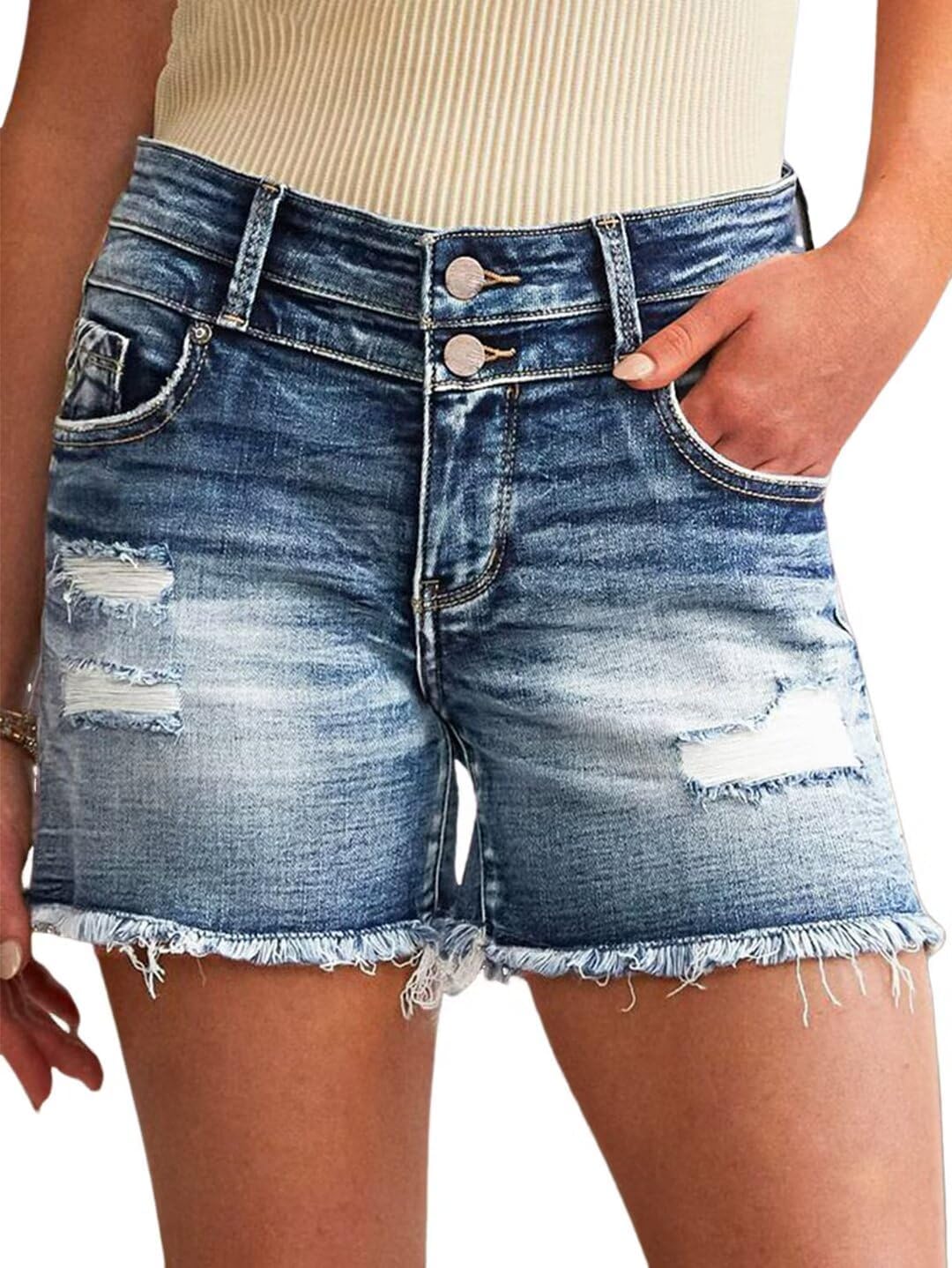 Flamingals Women's Double Button Ripped Raw Hem Summer Casual Mid Waist Denim Shorts