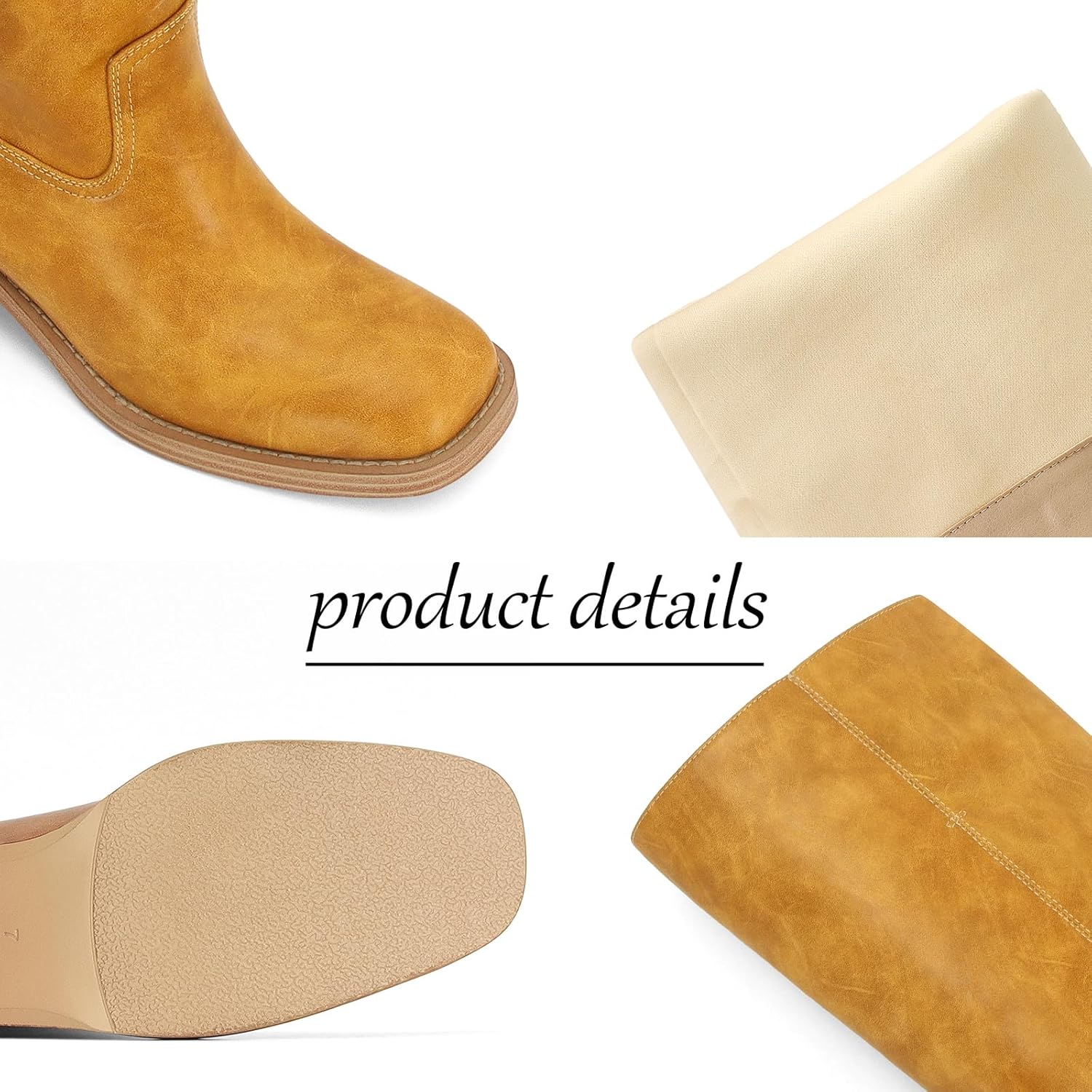 DOEYG Women's Knee High Boots Pull on Riding Boots Chunky Block Heel Tall Motorcycle Boots Square Toe Wide Calf Fashion Comfortable Biker Boots Yellow Size 10 - Image 4