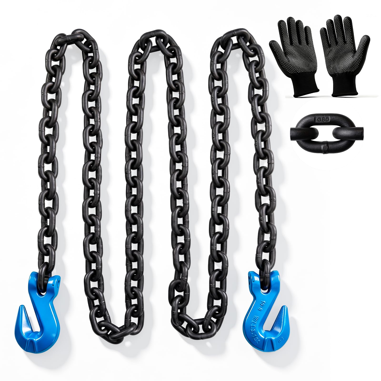 Cadena de transporte de 3.15 toneladas (7 libras) con guantes, cadenas de seguridad de remolque de 3/8 pulgadas x 10 pies, cadenas de seguridad G80 resistentes con ganchos de agarre G80, cadena