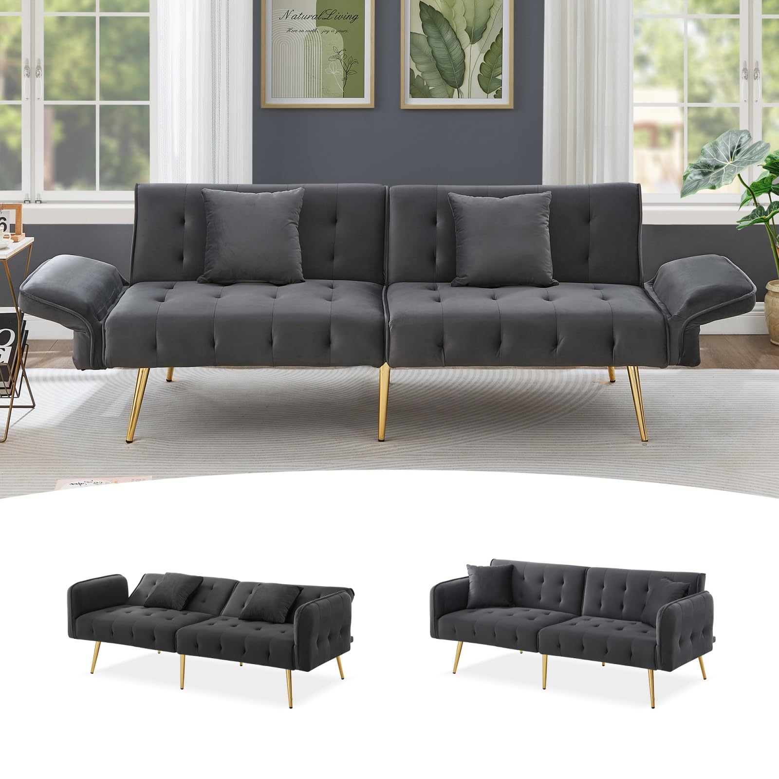 YEHTOKHOME - Sofá cama de 2 plazas convertible, carpetas independientes, reposabrazos ajustables, tejido aterciopelado, sofá cama con función de dormitorio, para sala de estar, oficina, dormitorio