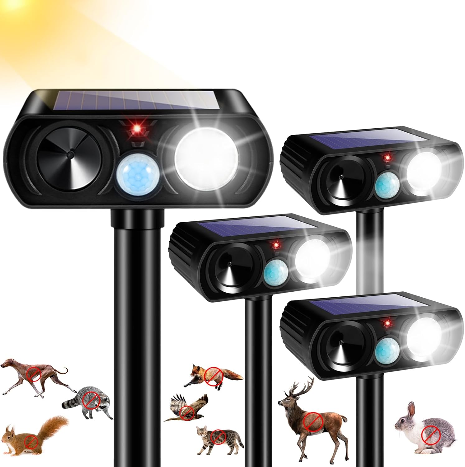 2026 Ultrasonic Solar Animal Repellent Outdoor Motion Activated Cat Repellent Outdoor With LED Light Waterproof for Yard & Garden, Effective Rabbit Deer Raccoon Squirrel Coyote Deterrent Device 4 Pack