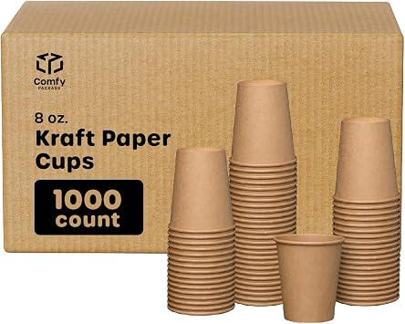 Comfy Package [Case of 1,000 8 oz. Kraft Disposable Paper Cups, Hot Coffee Cups Brown Unbleached - Eco-Friendly Cups