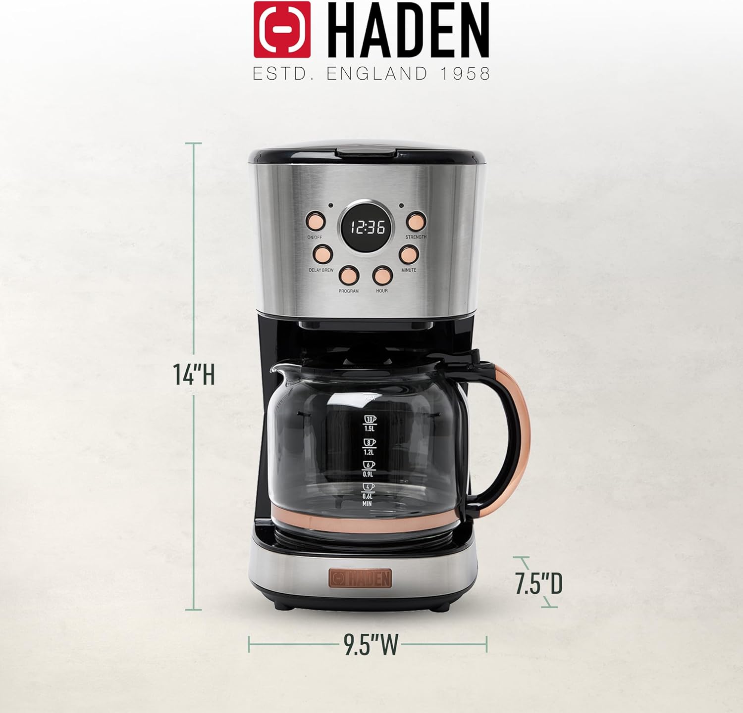 Haden 12-Cup Programmable Steel & Copper Drip Coffee Maker