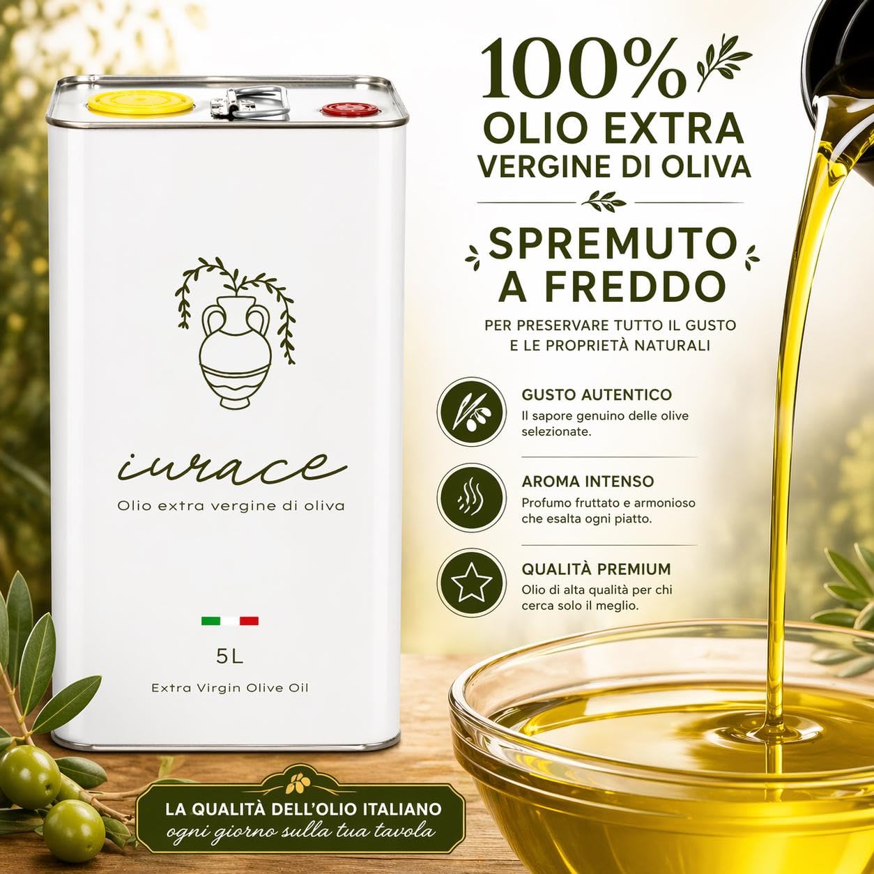 Olio Extravergine di Oliva 5L 100% Italiano – Calabria – Estratto a Freddo – Qualità Premium, Aroma Fruttato, Bassa Acidità 0,4%