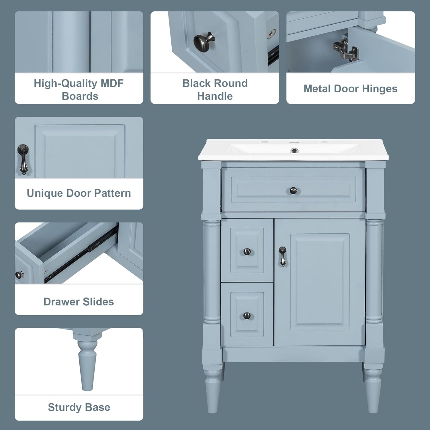 24 IN Small Bathroom Vanity with Sink ,Tip-Out Drawer, Doors& Storage Rack, Solid Wood & MDF Mid Century Modern Single Bathroom Vanity Sink Cabinet with Drawers & Adjustable Shelf (24 IN,Blue Grey)