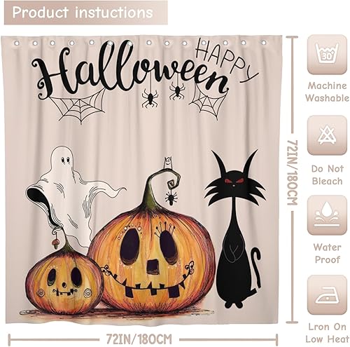 Miniatura 3 de Cortina de ducha de Halloween, cortinas de ducha fantasma para baño, juego de cortinas góticas espeluznantes de calabaza, gato negro, decoración